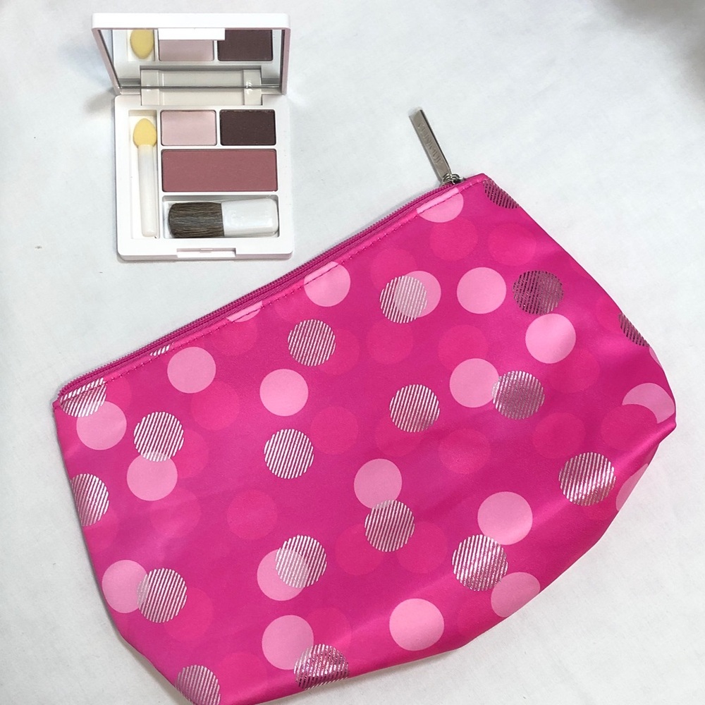 NWOT Clinique Eye Shadow Duo/Blush Compact & Pink Polka Dot Cosmetic Bag